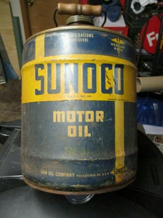 Vintage 1937 Copyright Sunoco 5 Gallon Motor Oil Can w/ Caps & Wood Handle 2
