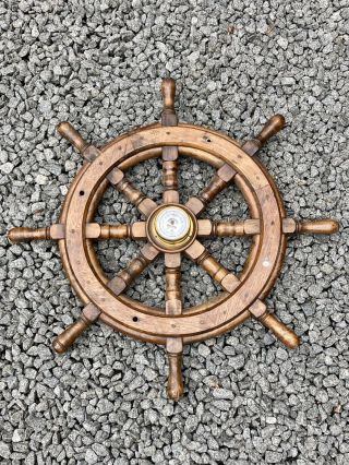 Authentic Antique 26” Ship’s Captains Wheel With Brass Barometer/thermometer