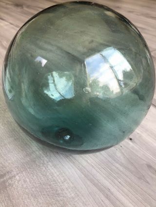 Antique Vintage Japanese Fishing Hand Blown Glass Float Buoy,  Teal Blue Green 6”