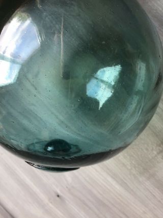 Antique Vintage Japanese Fishing Hand Blown Glass Float Buoy,  teal blue green 6” 3
