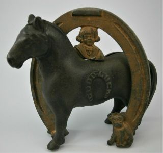 Buster Brown & Tige Good Luck Horseshoe Still Bank From The Early 1900 