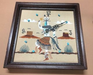 Vintage Kachina Sand Painting Clock 13 3/4x 13 3/4”x 2.  25” Signed Gloria