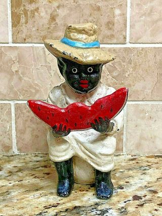 Vintage Cast Iron Bank African American Black Americana Eating Watermelon