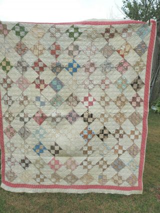 Vintage Hand Stitched Multi - Colored Scrap Quilt 78 " X 66 " Craft Fabric