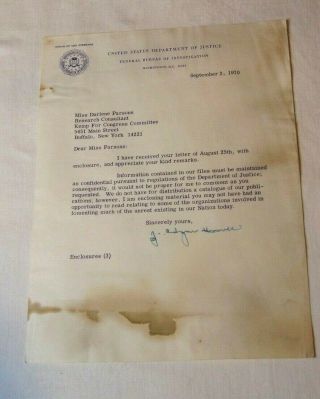 1970 J Edgar Hoover Hand Signed Letter References Organizations,  National Unrest
