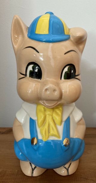 Vintage Male Pig Piggy Bank Pastel Blue & Yellow W Overalls Chalkware