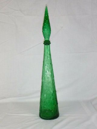 Vtg Mid Century Empoli Genie Bottle Decanter Emerald Green Wax Drip Bamboo 22 "