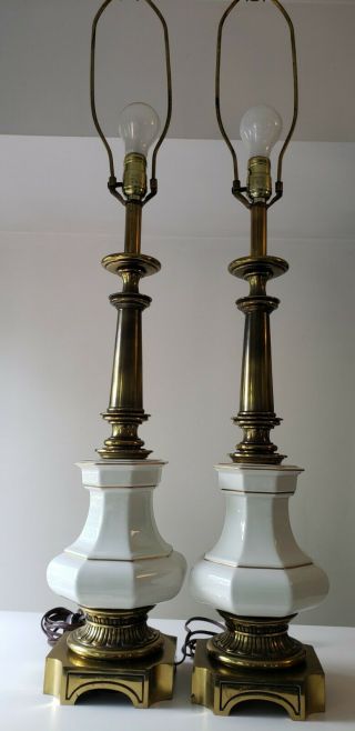 2 VINTAGE STIFFEL Lamp MCM Brass & White Ceramic/Porcelain BIG 2