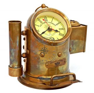 Vintage Antique Brass Gimbal Style Desk Clock Nautical Maritime With Pen Holder