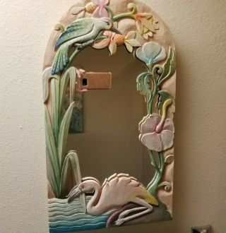 Vintage Handmade Wooden Painted Flamingo Tropical Print Mirror 20 " X11 "