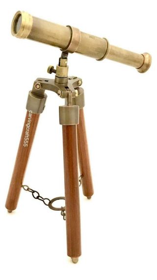 Halloween Antique Vintage Solid Brass Telescope With Wooden Tripod - High Gift