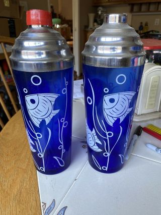Two Vintage 1930’s Sportsmen Series Fish On Cobalt Cocktail Shakers 9”h Man Cave