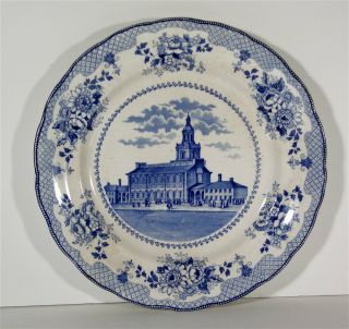 1910s Independence Hall Historical Staffordshire Flow Blue Plate Buffalo Pottery