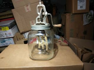 Vintage Butter Churn With Hand Wood Crank 4 Quart Glass Jar Has A Wooden Paddle