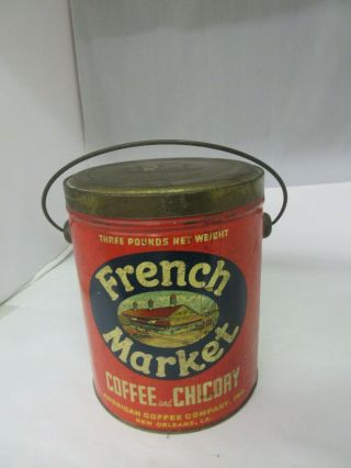 Vintage French Market 3 Lb Pail Coffee Tin Advertising Collectible 484 - H