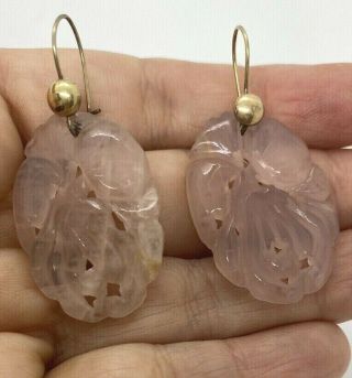 14k Yellow Gold Chinese Carved Rose Quartz Earrings Vintage