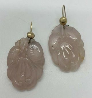 14k Yellow Gold Chinese Carved Rose Quartz Earrings Vintage 2