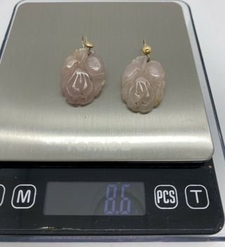 14k Yellow Gold Chinese Carved Rose Quartz Earrings Vintage 3