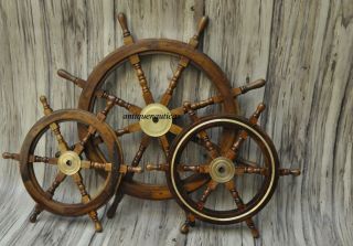 Ship Steering Wheel Wooden 36 " & 24 " Wood Brass Fishing Set Of 3 Decor