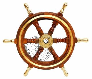 24 " Nautical Brass Ring Wooden Boat Ship Steering Wheel Vintage Home Wall Decor