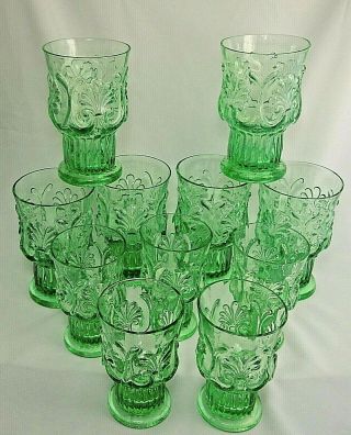 Vintage Green Depression Pressed Glass Fleur De Lys Water Juice Set Of 11