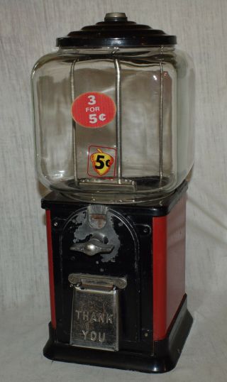 Vintage Acorn 5 Cent Gumball / Peanut Vending Machine - Red / Black - 16 " Tall