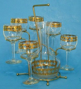 8 Pc Vintage Culver Valencia Decanter Carafe Wine Glasses & Rack Mid Century Set