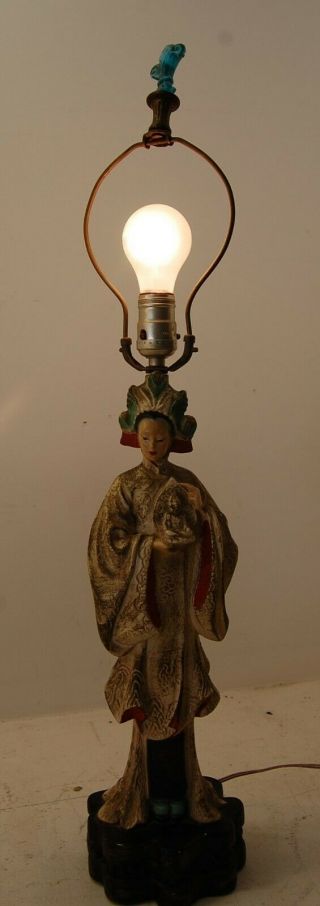 Vintage Oriental Chinese Japanese Geisha Girl Table Lamp,  Chalkware,  28 " Tall