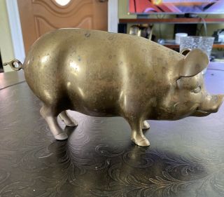 Great Vintage Heavy Brass Hog / Pig Piggy Bank About 11” Long