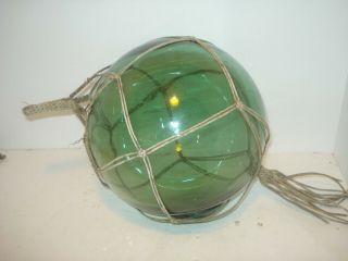 Vintage Glass Fishing Float Blue - Green 8 " With Rope Net