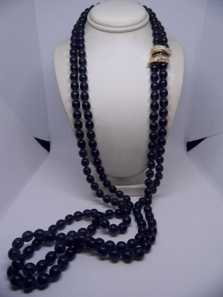 Vintage Nolan Miller Blue Glass Beads Rhinestones Clasp 2 - Strands 30 " Necklace