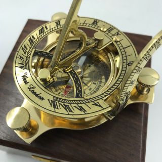 Nautical Antique Brass Sun Dial Compass,  Stunning 3.  25 " W/ Teak Wood Display Box