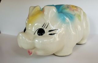 Vintage Ceramic Pig Piggy Bank Usa Made Blue Bow Figurine Mid Century