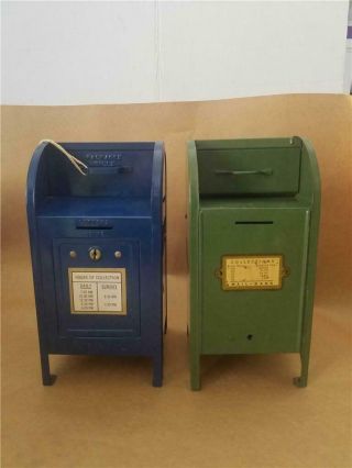 2 Vintage All - American & Brumberger Metal Letter Carrier Mailman Mail Box Bank