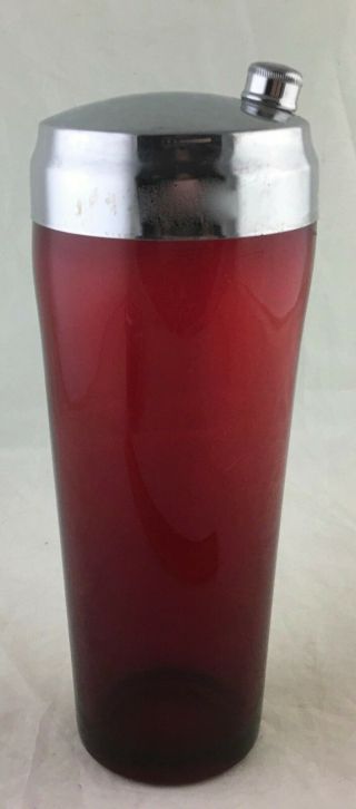 Vintage Cocktail Shaker Party Drink Mixer Glass Ruby Red & Chrome