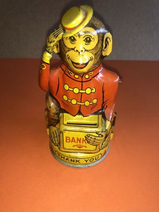 J Chein 30 ' s Tin Organ Grinder Monkey Tipping Hat Mechanical Bank With Trap 2