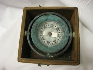 Vintage Brass Marine Boat Ship Gyro Compass Made In Usa With Wood Case
