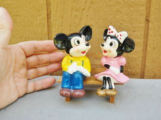 Wdp Mickey Mouse & Minnie Salt & Pepper Shaker Japan Ceramic Wood Bench Vintage