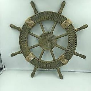 Nautical 24 " Steering Wheel Rustic Rope Accent Distressed Beige Wood Wall Decor