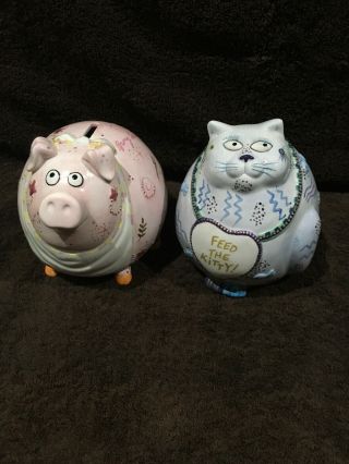 Fitz And Floyd Piggy Banks " Bring Home The Bacon& Feed The Kitty " Set/2
