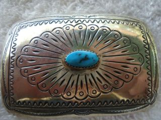 Vintage Signed Wd Sterling Silver Navajo Indian Belt Buckle With Turquoise