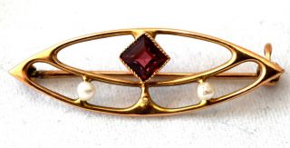 Antique Victorian 10k Solid Gold,  Garnet And Pearl Pin