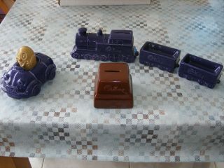 3 Cadburys Money Boxs Very Rare Items.  Train,  Car & Chock Block.  By Wade.