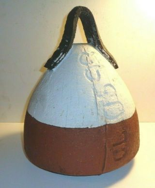 Antique Lobster Trap Marker Buoy,  Hand Carved W/ Wooden Leather Strap.  9 " Dia.