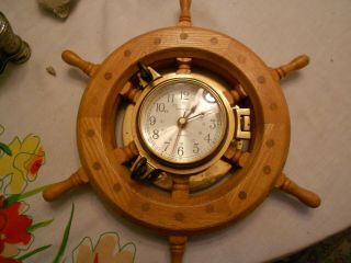 Vintage Ships Time Brass And Wood Quartz Clock Steering Wheel Nautical