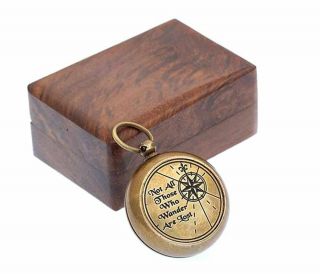 Necklace Brass Compass Not All Those Who Wander Are Lost With Wooden Box