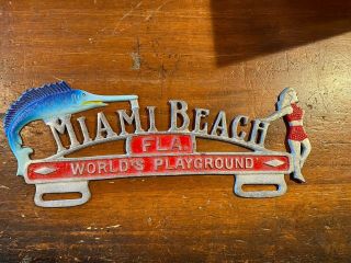 Vintage Sign Miami Beach Florida World’s Playground Metal Dolphin Sexy Girl