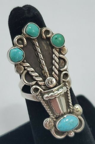 Vintage Navajo Turquoise Flower Ring Sterling Silver Sz 7 To 7.  5 1940 