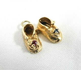 Vintage 14k Yellow Gold Baby Shoes Charm With Red & Blue Stones Marked