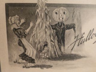 Vintage Halloween Postcard - Scarecrow And Old Lady Frighten Each Other - Fairman